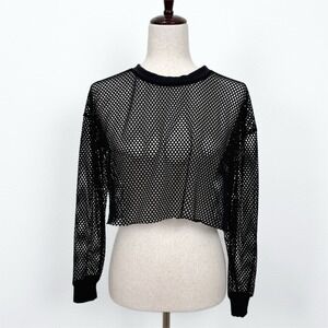 VTG Objex Top Womens S Black Mesh Cropped Sheer Long Sleeve Grunge Goth Punk